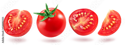 Fotografia Set of cherry tomatoes and tomato slices isolated on white background