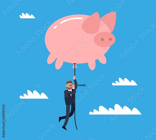 Finance growth, rise of savings. Prospects for future, tiny man flying on piggy bank balloon, income and cash on deposit, dividends invested, money profit, vector cartoon flat concept