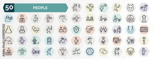 set of people web icons in outline style. thin line icons such as man throwing a dart, open present box, complex, chef uniform, man attacking, hide and seek, war prisioner, cowboy with a gun,
