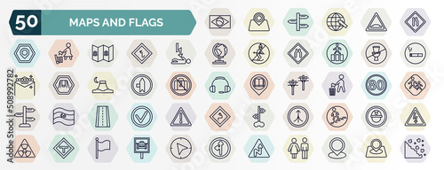 set of maps and flags web icons in outline style. thin line icons such as square flag, narrow right lane, electrocution risk, no toileting, left side road, no littering, street, road joining, t road