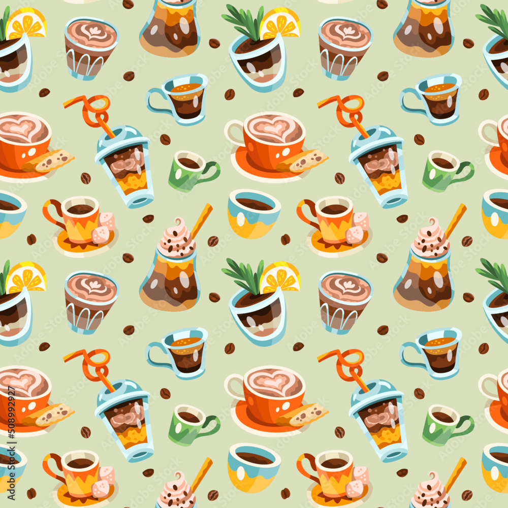 Seamless pattern with variety of coffee drinks and beans. Orange, beige, white, brown, yellow green colors. Hand drawn flat vector illustration Seamless pattern with variety of coffee drinks and beans. Orange, beige, white, brown, yellow green colors. Hand drawn flat vector illustration