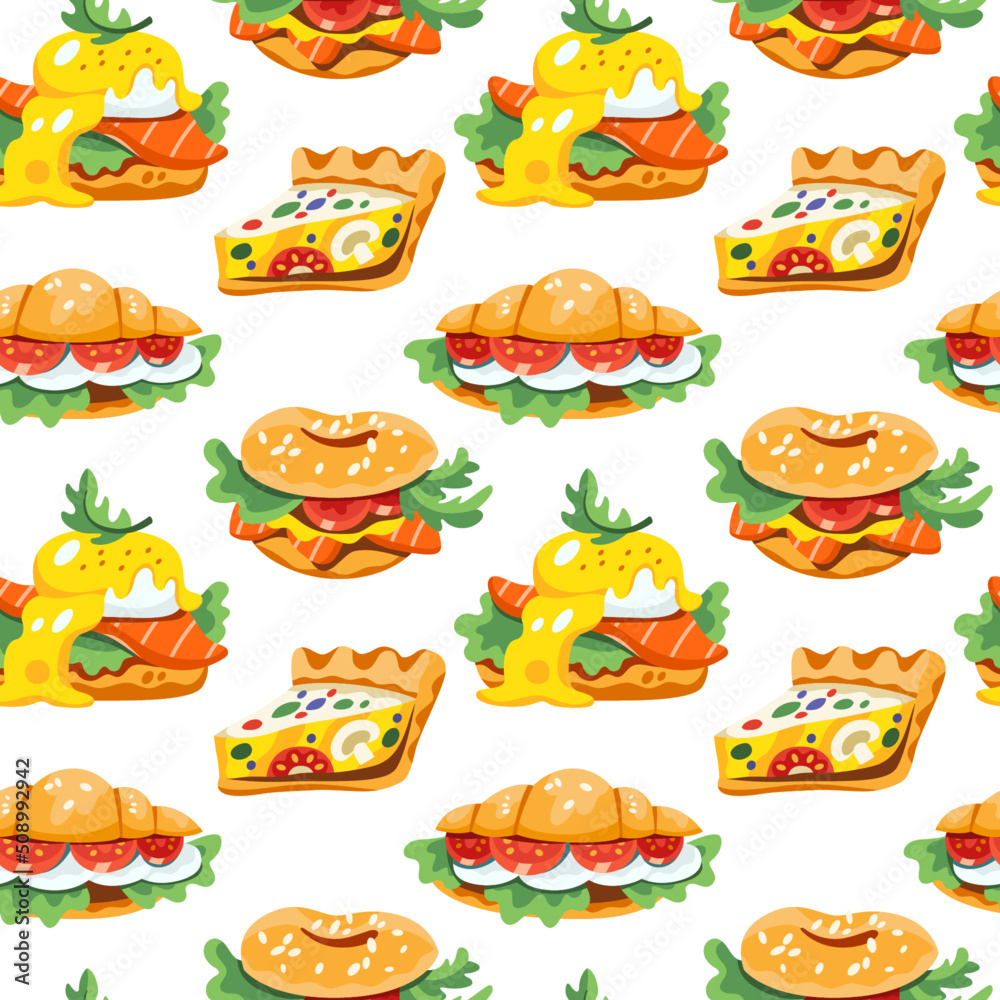 Seamless pattern with delicious food: benedict eggs, quiche tarts, bagel and croissant sandwiches. Orange, beige, white, brown, green, red, yellow green colors. Hand drawn flat vector illustration