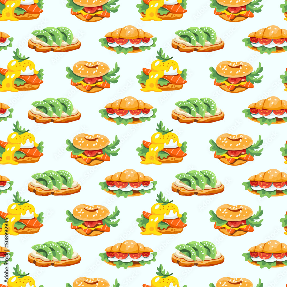 Seamless pattern with delicious food: benedict eggs, avocado toasts, bagel and croissant sandwiches. Orange, beige, white, brown, green, red, yellow green colors. Hand drawn flat vector illustration