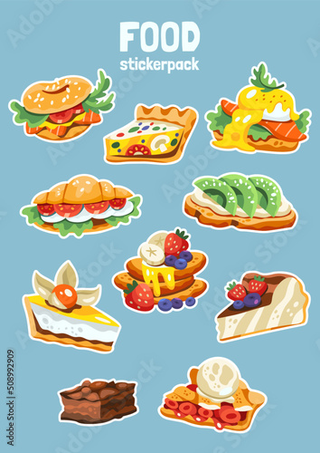 Set of vector illustration of delicious food. Pack of ready to print stickers. Blue  orange  brown  beige  yellow  red  green colors. Hand drawn cartoon flat vector illustration
