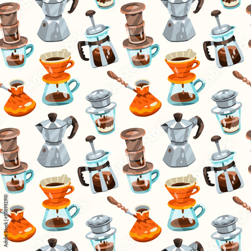 Seamless pattern with coffee brewing process. Turkish, vietnamese, aero press, pour over, geyser, french press. Orange, beige, white, brown, grey colors. Hand drawn flat vector illustration