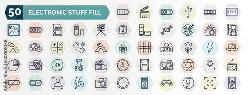 set of electronic stuff fill web icons in outline style. thin line icons such as full battery, camera big screen size, camera stand, photo camera with flash, phone receiver, ro, compact disc,