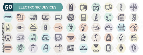 set of electronic devices web icons in outline style. thin line icons such as copier, ceiling fan, convection oven, fax hine, activity tracker, projector, sim, mouse, pressure cooker, dvd player