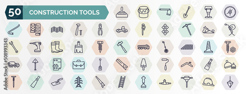 set of construction tools web icons in outline style. thin line icons such as construction works, blade saw, repair pliers, jack plane, paint brush, brick wall, circuit breaker, paint roller, putty