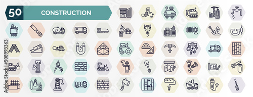 set of construction web icons in outline style. thin line icons such as big building, stopcock, hacksaw, big shovel, inclined magnet, tool bag, drawing compass, measures plan, construction plan, big
