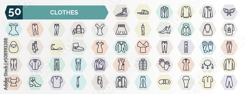 set of clothes web icons in outline style. thin line icons such as gladiator sandal, cat eye glasses, chiffon suffle blouse, hobo bag, wool boots, jumpsuit, oxford wave suit pants, wool gloves,