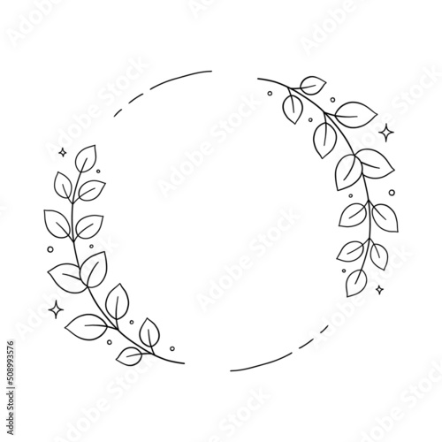 Floral circle wreath with leaves. Plant round frame with tree branch. Minimal line hand drawn doodle illustration. Black and white color