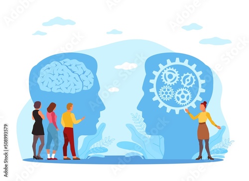 Science of communication. Language learning, tiny people on huge head background, brain and gears, analysis of foreign speech, difficulty understanding, vector cartoon flat concept