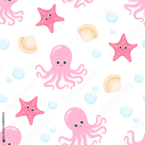 Cartoon sea animals background. Seamless pattern with cute funny starfish, octopus, bubbles and sea shell on white. Vector flat illustration. 
