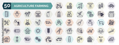 set of agriculture farming web icons in outline style. thin line icons such as tractor, bale, sprayer, hanging pot, hen, irrigation, shed, honeycomb, vane, milk jar icon.