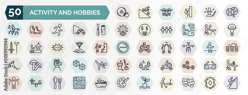 set of activity and hobbies web icons in outline style. thin line icons such as disc jockey, petanque, wood carving, lace making, gliding parachutist, couple huging, film making, motorcycle riding,