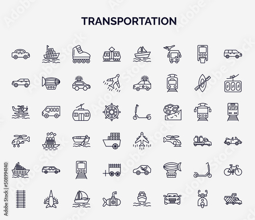 set of transportation web icons in outline style. thin line icons such as automobile, tramway, suv, chairlift, airliner, hearse, oxcart, kick scooter, small submarine icon.