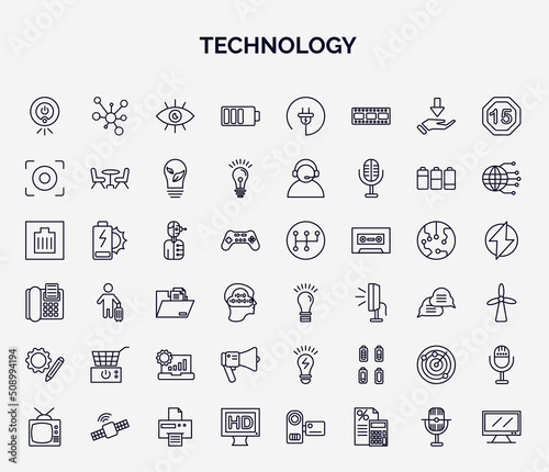 set of technology web icons in outline style. thin line icons such as robot vacuum, baterry, center focus, humanoid robot, ideas, fryer, modern horn, radar sweep, hd monitor icon.