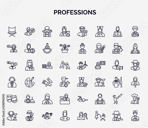 set of professions web icons in outline style. thin line icons such as director, pediatrician, telemarketer, librarian, pharist, waiter, clerk, cricket player, doctor icon.