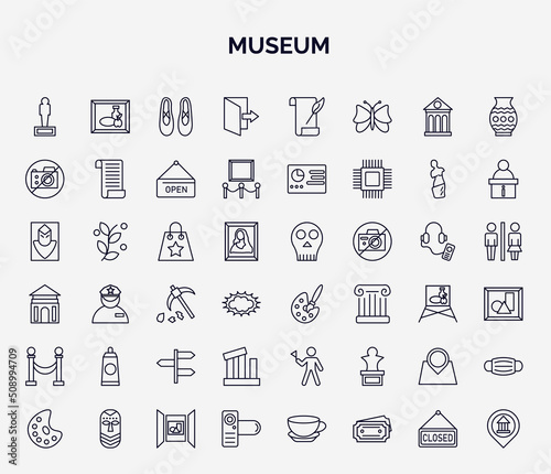 set of museum web icons in outline style. thin line icons such as statue, exit, no photo, souvenir, painting, acrylic, relics, tour, photographic icon.