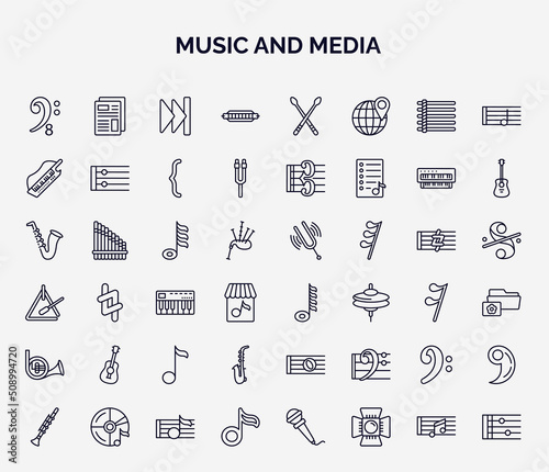 set of music and media web icons in outline style. thin line icons such as octave clef, harmonica, keytar, demisemiquaver, hemidemisemiquaver, ukelele, saxophone, clef, flat icon.