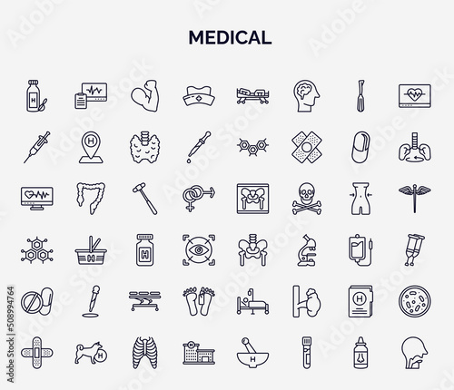 set of medical web icons in outline style. thin line icons such as syrup medicine bottle, nurse cross, syringe with medicine, medical hammer tool, p, dosage medical tool, dead, results folders,