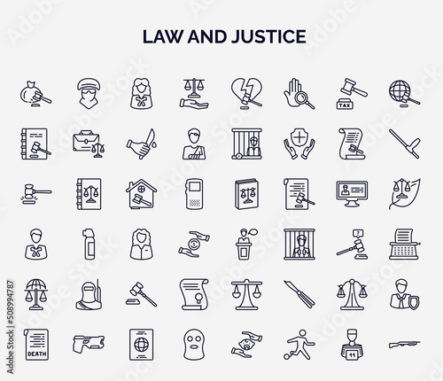 set of law and justice web icons in outline style. thin line icons such as inheritance law, justice scales in hand, constitutional law, real estate witness, , scroll with balance, balaclava
