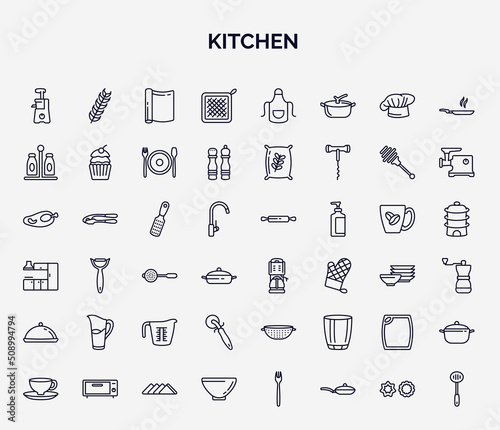 set of kitchen web icons in outline style. thin line icons such as juicer, kitchen mitten, spice jar, grater, coffee maker, pitcher, pizza cutter, cutting board, soup bowl icon.