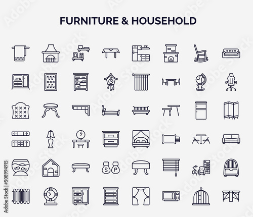 set of furniture & household web icons in outline style. thin line icons such as towel, table linens, cupboard, corner sofa, canopy bed, dog, salt and pepper shakers, livingroom, chest icon.