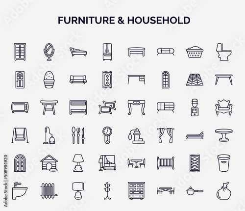 set of furniture & household web icons in outline style. thin line icons such as armoire, fridge, door, heating, sump pump, pet house, living room, rugs, coat stand icon.