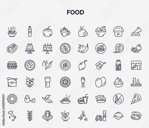 set of food web icons in outline style. thin line icons such as noodle soup, warm black mug, hot dog with mustard, hot pepper, jar of beer, eggs sillhouettes, chow mein, no drinking, vegan