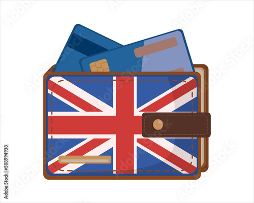 Leather Wallet Isolated with british flag and credit card on White in flat style. Vector image