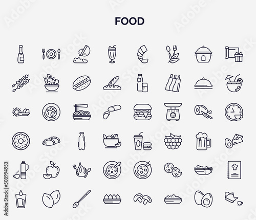 set of food web icons in outline style. thin line icons such as champagne bottle, milk shake, kebab, pasta, junk food, leaf, winter melon soup, worms, fried tofu curd balls icon.