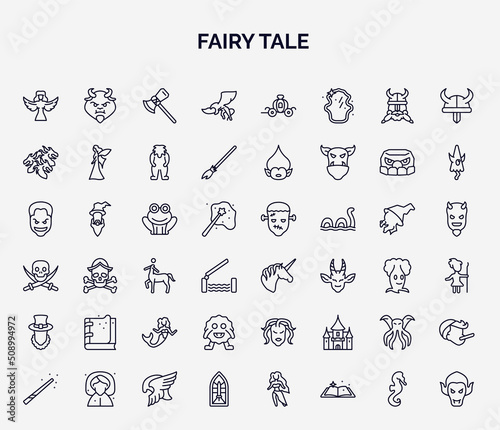 set of fairy tale web icons in outline style. thin line icons such as harpy, gryphon, hydra, toad, unicorn, spellbook, monster, cthulhu, stained glass icon.