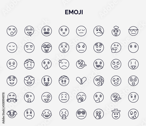 set of emoji web icons in outline style. thin line icons such as sleeping emoji, muted emoji, calm shushing broken heart shocked disgusted liar puking icon.