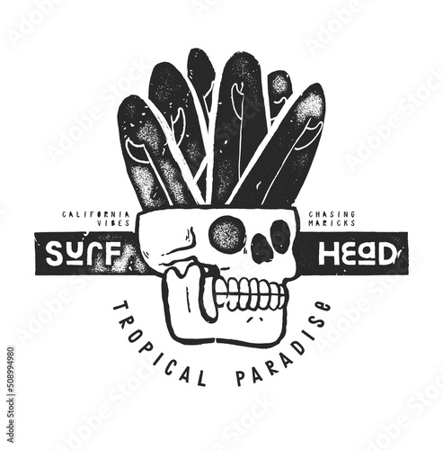 Surf Head. Skull full of surfboards. Distressed silkscreen surfing vintage t-shirt print