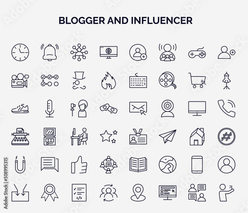set of blogger and influencer web icons in outline style. thin line icons such as clock, web, camcorder, vlogger, visitor, comment, communication, mobile, community icon.