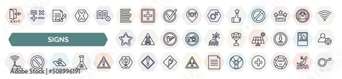 set of signs icons in outline style. thin line icons such as exit right arrow, align left, superior, favourite star, classroom cup, wireless receptor, maps and location, khanda, radioactive