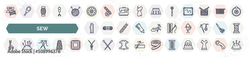 set of sew icons in outline style. thin line icons such as sewing clip art, spokes, overstitch, sew pattern, seam, cutting tool, sewing needles, slide fastener, coil icon.