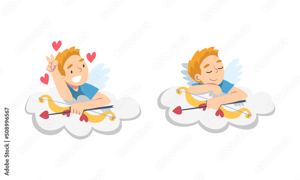 Funny Boy Cupid Character with Wings Holding Bow and Arrow Sitting on Cloud Vector Set Funny Boy Cupid Character with Wings Holding Bow and Arrow Sitting on Cloud Vector Set