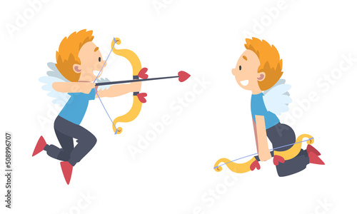 Funny Boy Cupid Character Flying with Wings Holding Bow and Arrow Vector Set