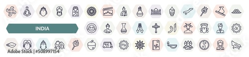 set of india icons in outline style. thin line icons such as hindu, rangoli, kandeel, ratha-yatra, urdu, biju janata dal, sarai, nut, oil lamp icon.