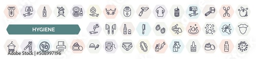 set of hygiene icons in outline style. thin line icons such as depilator, sanitary, toothpick, scrub up, lather, face towel, antibacterial, shower cap, pump bottle icon.