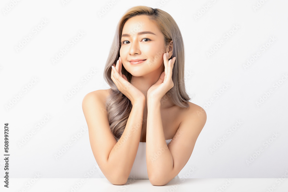 Happy beautiful young asian woman clean fresh bare skin concept. Asian girl beauty face skincare and health wellness, Facial treatment, Perfect skin, Natural make up. Isolated on white background. Happy beautiful young asian woman clean fresh bare skin concept. Asian girl beauty face skincare and health wellness, Facial treatment, Perfect skin, Natural make up. Isolated on white background.