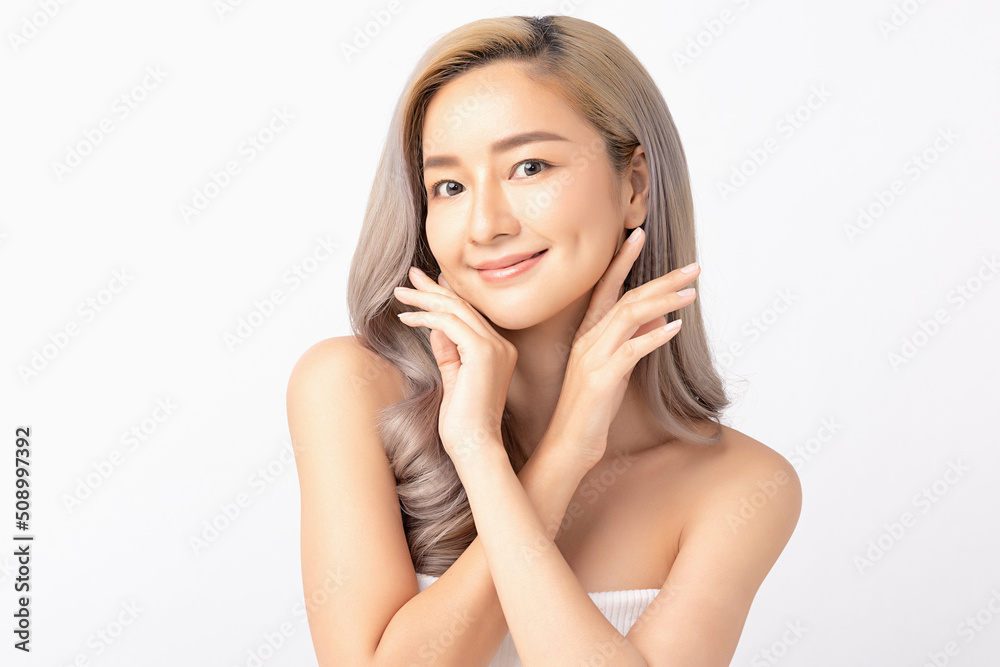 Happy beautiful young asian woman clean fresh bare skin concept. Asian girl beauty face skincare and health wellness, Facial treatment, Perfect skin, Natural make up. Isolated on white background. Happy beautiful young asian woman clean fresh bare skin concept. Asian girl beauty face skincare and health wellness, Facial treatment, Perfect skin, Natural make up. Isolated on white background.