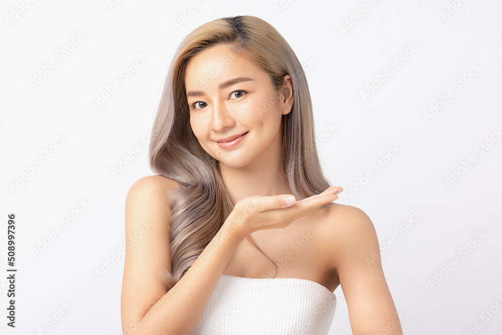 Happy beautiful young asian woman clean fresh bare skin concept. Asian girl beauty face skincare and health wellness, Facial treatment, Perfect skin, Natural make up. Isolated on white background.