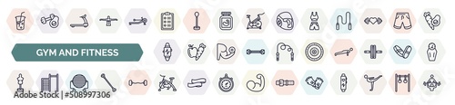 set of gym and fitness icons in outline style. thin line icons such as vegetables juice, to do list, female sportwear, sport watch, weight drive, boxing mannequin, pilates ball, riding bicycle,