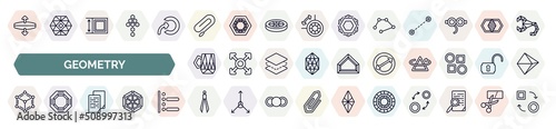 set of geometry icons in outline style. thin line icons such as stretch, clip, line, polygonal coffee cup, diameter, metatron cube, copy, construction, color wheel icon.