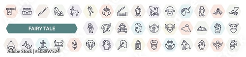 set of fairy tale icons in outline style. thin line icons such as fanfare, enchanted mirror, frankenstein, madre monte, goblin, troll, excalibur, dracula, toad icon.