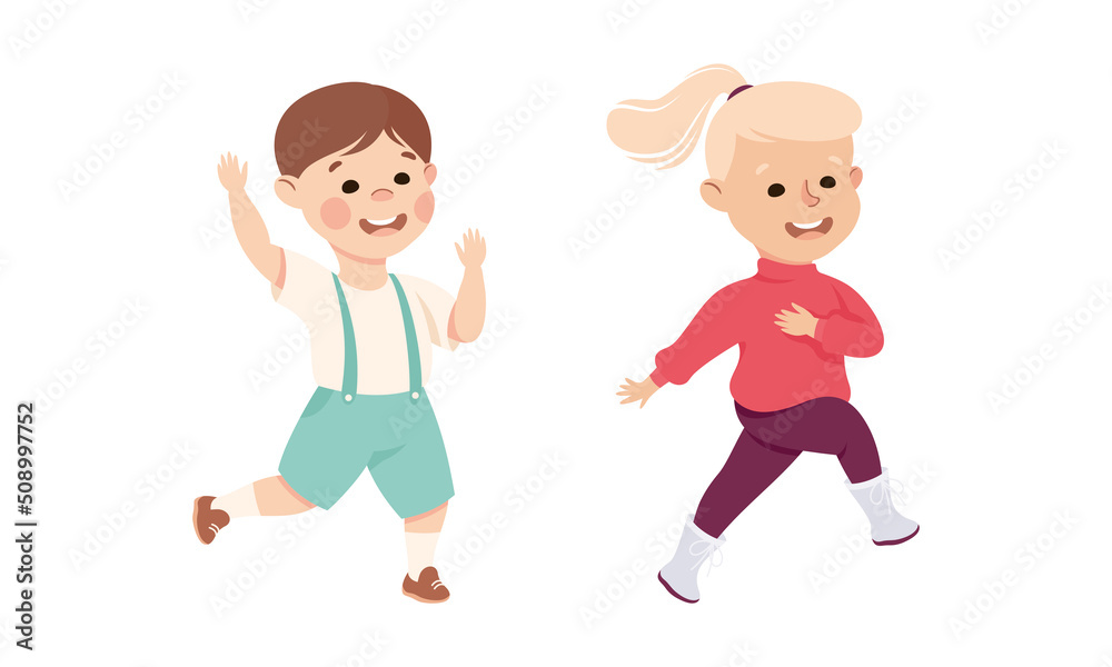 Excited Little Boy and Girl Jumping with Joy Expressing Happiness Vector Set Excited Little Boy and Girl Jumping with Joy Expressing Happiness Vector Set