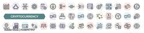 set of cryptocurrency icons in outline style. thin line icons such as fluctuation, , random, node, fintech industry, programming, circuit, profit